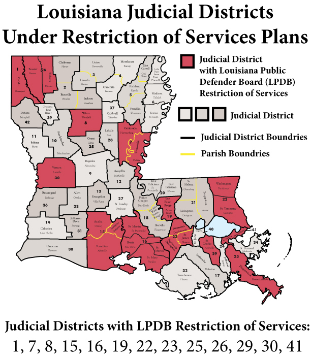 Click Here for a PDF of a map that show the Judicial Districts with LPDB Restriction of Services Plan